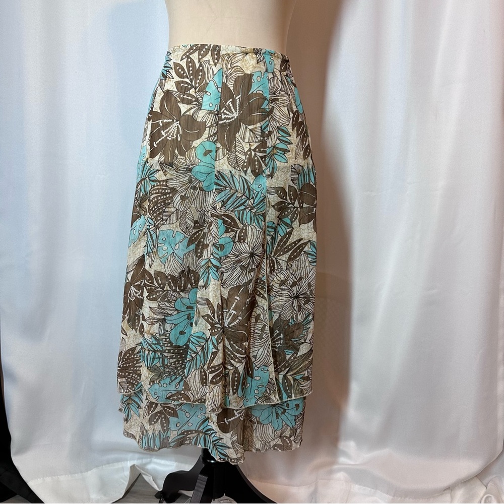 Vintage Flared A-line Layered Midi Skirt Sz 8 Retro Floral Brown Teal Tan Y2K